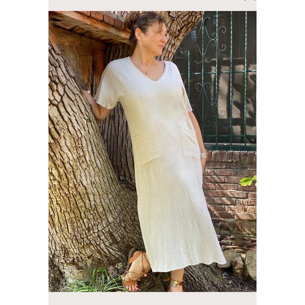 Kitanni Linen Porto Pocket Dress Lagenlook Slit Side Pockets Size 1 Coastal